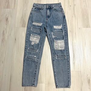 High Waisted Light Wash Straight Leg Distressed Mom Jeans
